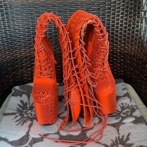 DRAGPOLE SHOES RED ANACONDA 8INCH 20CM STILETTO PLATFORM THIGH HIGH BOOTS.